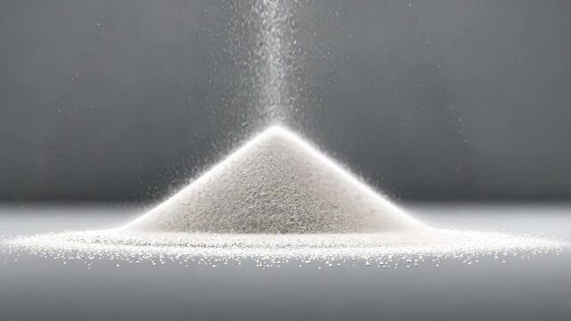 Fine granulated sugar pours into a perfectly shaped cone, highlighting its texture and purity against a minimalist background.