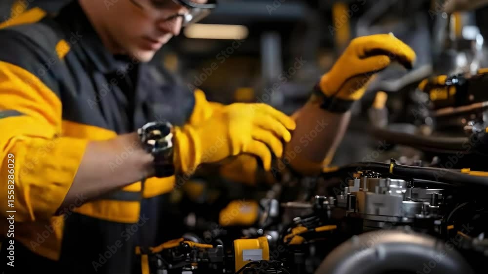Poster a worker in protective gear is inspecting machinery or engine components, focusing on details while 