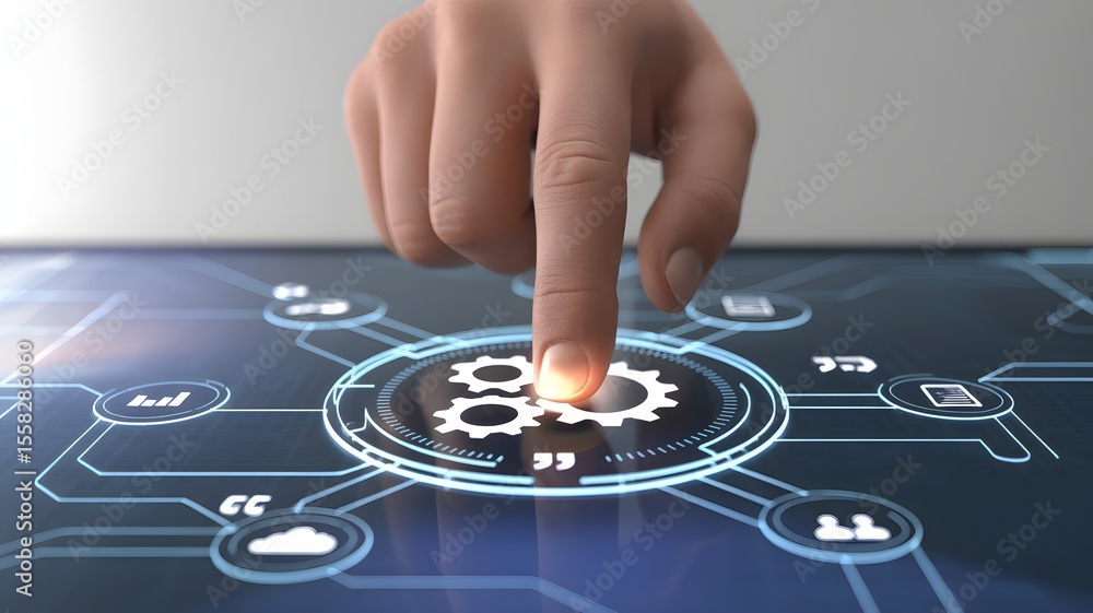 Poster hand touching digital gear icon on virtual screen for automation system technology innovation proces