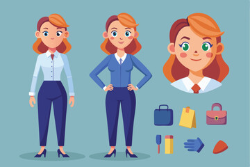 Fototapeta premium Casual business woman character constructor featuring multiple poses and accessories for creative design projects in an office environment