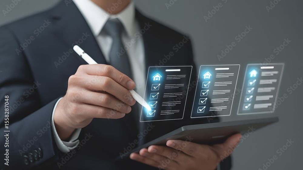 Poster businessman using digital tablet with stylus to manage virtual task checklist for project management