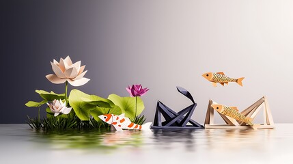 Colorful paper origami fish and flowers on a reflective surface with a gradient background
