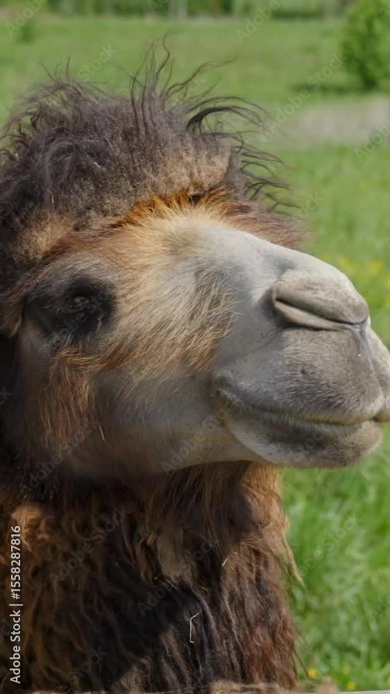 Poster fluffy camelus bactrianus in green field, close-up with playful and calm expression, vertical