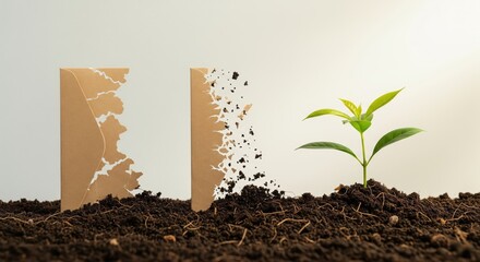 Biodegradable envelope decomposing in soil near green plant sprout