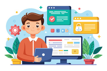 Creative coding adventure showcasing an individual working on web development with digital tools in a modern workspace filled with plants and colorful screens