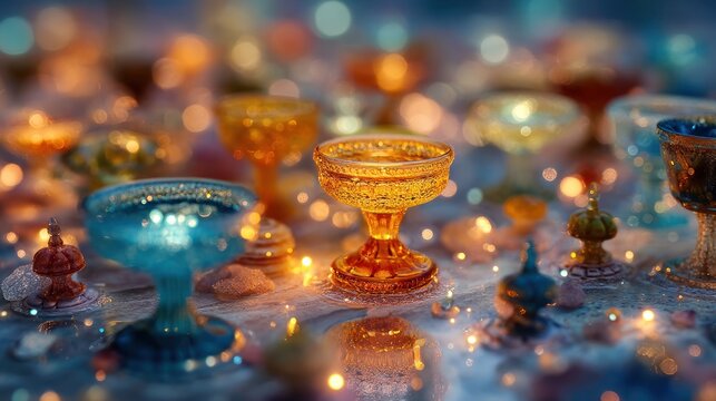 Miniature photography of a surreal banquet table with glowing goblets, tilt-shift focus on central details, dreamy background and fantasy colors