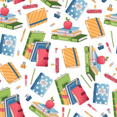 Seamless Pattern with School Books, Stationery. Flat Design Education Background for Textiles, Wallpaper, Wrapping Paper, School Supplies. Ideal for Educational Materials and Children's Product Design