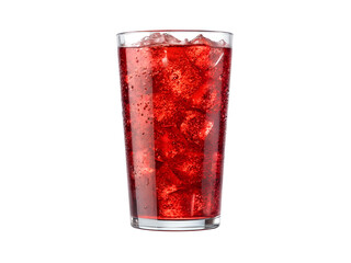 Tall glass filled with bright red sparkling drink and ice cubes, isolated on transparent background for beverage concepts