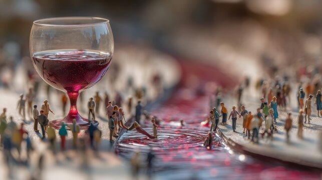Miniature world with hundreds of tiny people standing around an oversized surreal wine glass, tilt-shift photography style, hyper-realistic macro scene with glass goblets and a river of wine