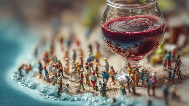 Miniature world with hundreds of tiny people standing around an oversized surreal wine glass, tilt-shift photography style, hyper-realistic macro scene with glass goblets and a river of wine