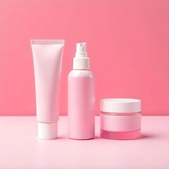 Pink Skincare Products Cream Tube, Spray Bottle, and Face Cream