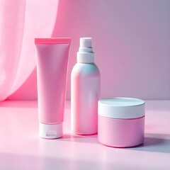 Pink Skincare Products Cream Tube, Spray Bottle, and Face Cream