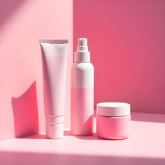 Pink Skincare Products Cream Tube, Spray Bottle, and Face Cream