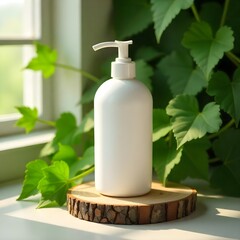 White lotion bottle on wooden display with monstera leaves