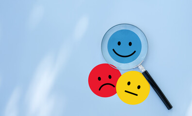 Positive thinking feedback, World mental health day, Magnifying glass focus Satisfied feedback...
