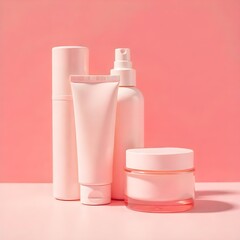 Pink Skincare Products Cream Tube, Spray Bottle, and Face Cream
