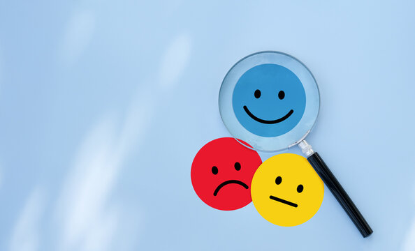 Positive thinking feedback, World mental health day, Magnifying glass focus Satisfied feedback icon, Excellent review result, Customer giving rating for experience or quality product, Opinion survey