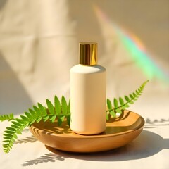 White lotion bottle on wooden display with monstera leaves