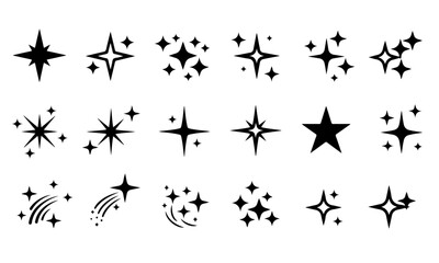 Extensive Collection of Black Sparkle and Star Icons. A set of fifteen black icons featuring diverse sparkles, stars, and glitter effects.