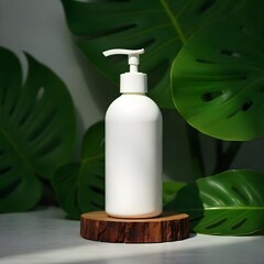 White lotion bottle on wooden display with monstera leaves
