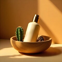 White lotion bottle on wooden display with monstera leaves