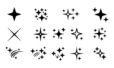 Extensive Collection of Black Sparkle and Star Icons. A set of fifteen black icons featuring diverse sparkles, stars, and glitter effects.