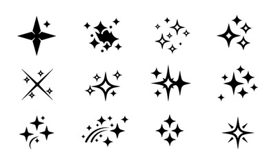 Extensive Collection of Black Sparkle and Star Icons. A set of fifteen black icons featuring diverse sparkles, stars, and glitter effects.