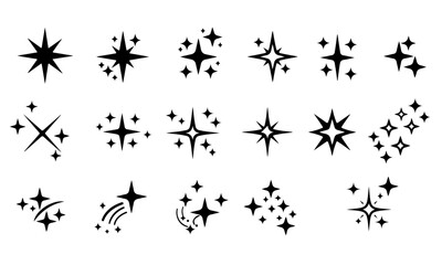 Extensive Collection of Black Sparkle and Star Icons. A set of fifteen black icons featuring diverse sparkles, stars, and glitter effects.