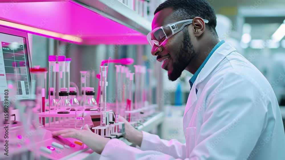 Poster smiling research scientist in laboratory during daytime exploring experiments, portrait smiling rese