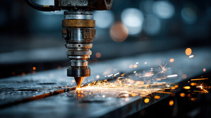 Laser cutting machine processing metal sheet with sparks flying industrial manufacturing precision cutting high tech equipment factory setting