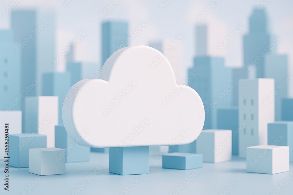 Fototapete Cloud Computing and Urban Data: A minimalist depiction of a stylized cloud hovering above a miniature cityscape, symbolizing the interconnectedness of digital data and urban environments.