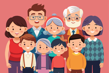 Big joyful family portrait featuring children and grandparents in a cheerful setting with bright colors and warm smiles showcasing togetherness and love