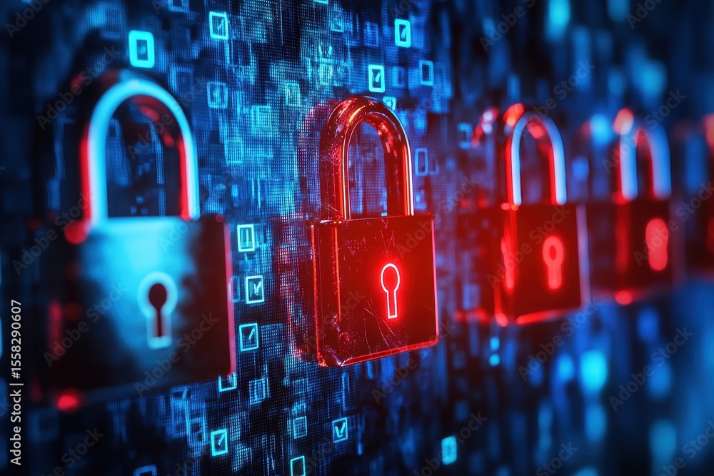 Poster digital safeguard: a cybersecurity inspired background featuring padlocks and elements of data prote