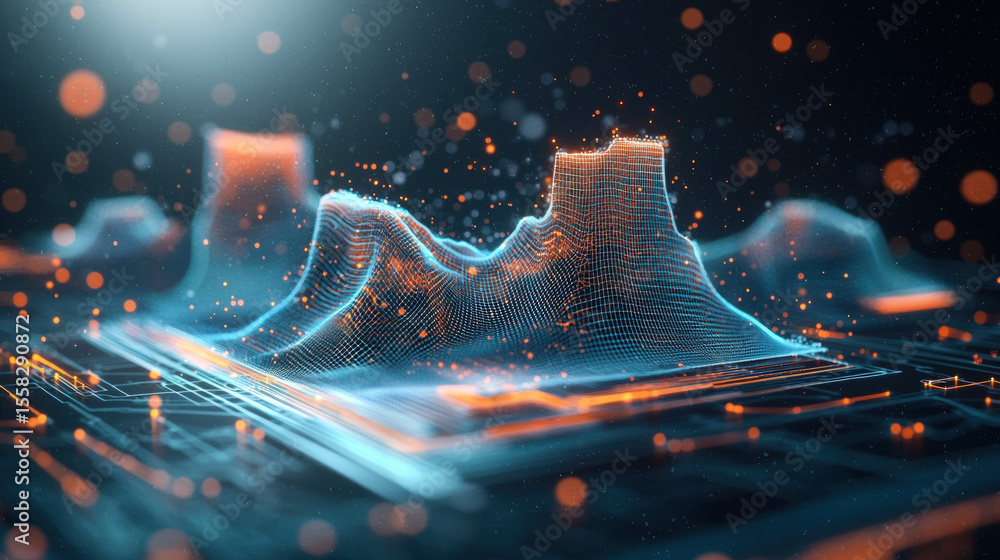 Poster abstract digital landscape, a 3d wireframe terrain of glowing lines and points, resting on a complex