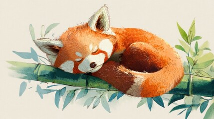 Fototapeta premium Red panda character in watercolor style with soft texture, curled up on a bamboo limb, light blue and peach pastel palette, cozy and playful tone