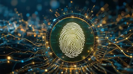 Rotating 3D fingerprint symbol layered with encrypted code pulses and glowing network lines - Powered by Adobe