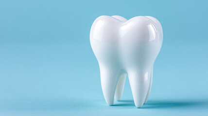 Solid pastel blue background highlights modern artificial tooth model in clean composition for visual marketing