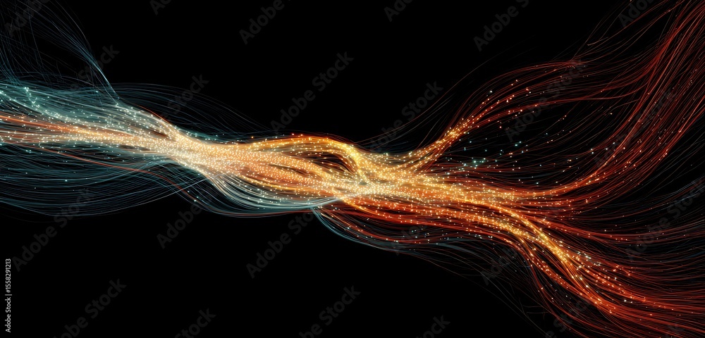 Poster abstract light trails flowing with particles on a black background with a dynamic and vibrant feel