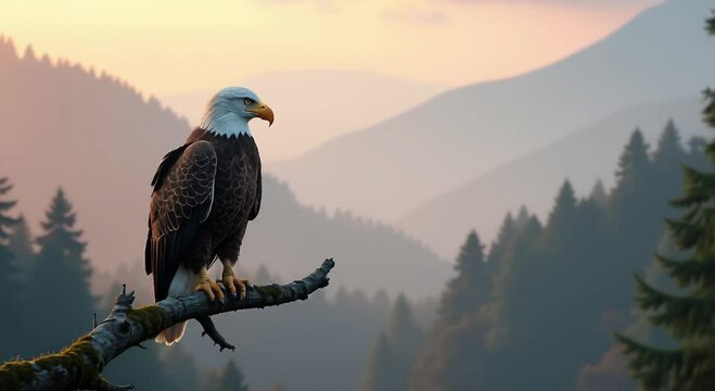 majestic bald eagle perched atop tree branch surrounded lush green trees rolling hills background bright blue sky abo