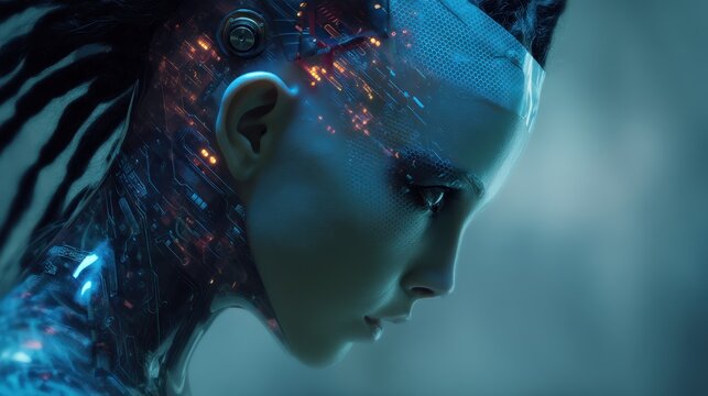 Sci-fi digital portrait of a humanoid character with glowing eyes, transparent skin revealing tech circuitry, dark stylized hair, and a cybernetic neck design, blurred backdrop