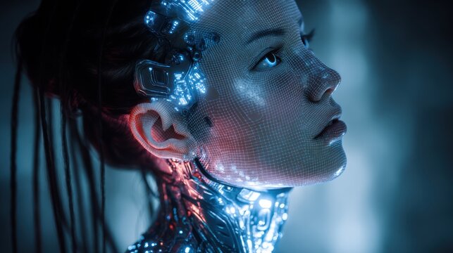 Sci-fi digital portrait of a humanoid character with glowing eyes, transparent skin revealing tech circuitry, dark stylized hair, and a cybernetic neck design, blurred backdrop