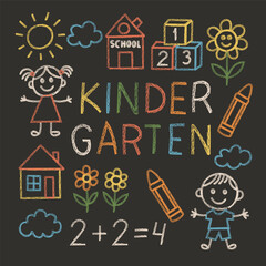 Colorful kindergarten chalkboard drawing with chalk and crayon icons. Kids, math, school elements, cute child holding crayon, hand drawing flower at school house, classroom fun symbols.