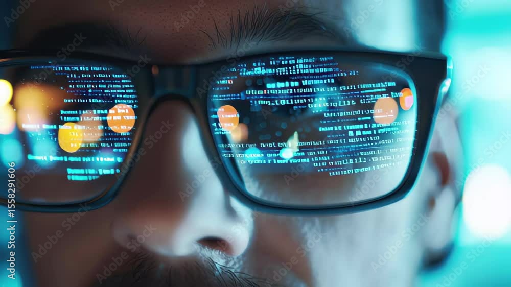 Poster closeup of a person concentrating on coding with reflections in glasses in a tech focused environmen