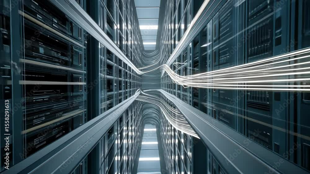 Poster futuristic data center with illuminated pathways and storage units showcasing modern technology and 