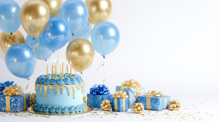 Stylish gold and blue themed birthday setup centered around cake, candles, and celebratory balloon decor