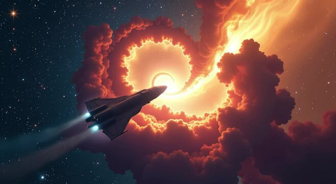 spaceship flying sky fiery explosion coming surrounded clouds stars background image anima