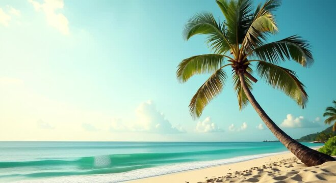 tropical beach palm tree shore surrounded sand crystal clear water sky filled white fluffy clouds creatin