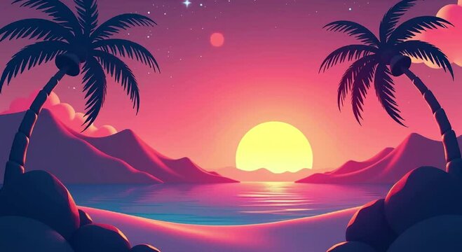 tropical beach palm trees mountains background illuminated beautiful sunset sky painted mix vibrant