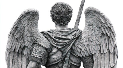 Detailed back view of a stone angel statue