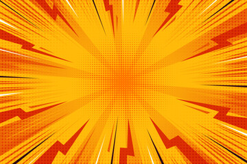 Fototapeta premium Cartoon comic background with lightning burst effect. Vector manga graphic with flash and thunders. Energy explosion frame with electric abstract light. Radial perspective orange beams